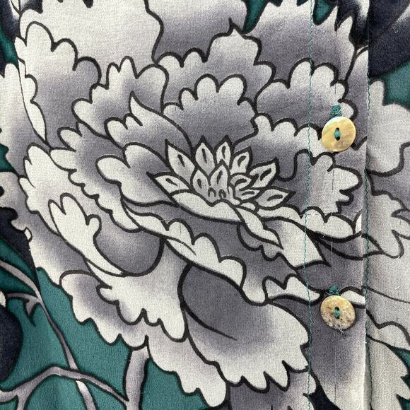 Citron Santa Monica Blouse Womens Medium Green Gray Silk Floral V-Neck Button Up - Picture 7 of 9